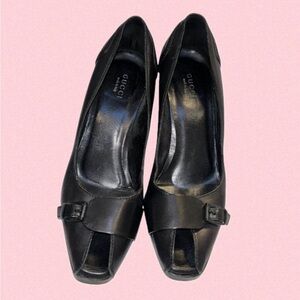 Vintage Gucci Black Leather Peep-Toe Buckle Pumps
